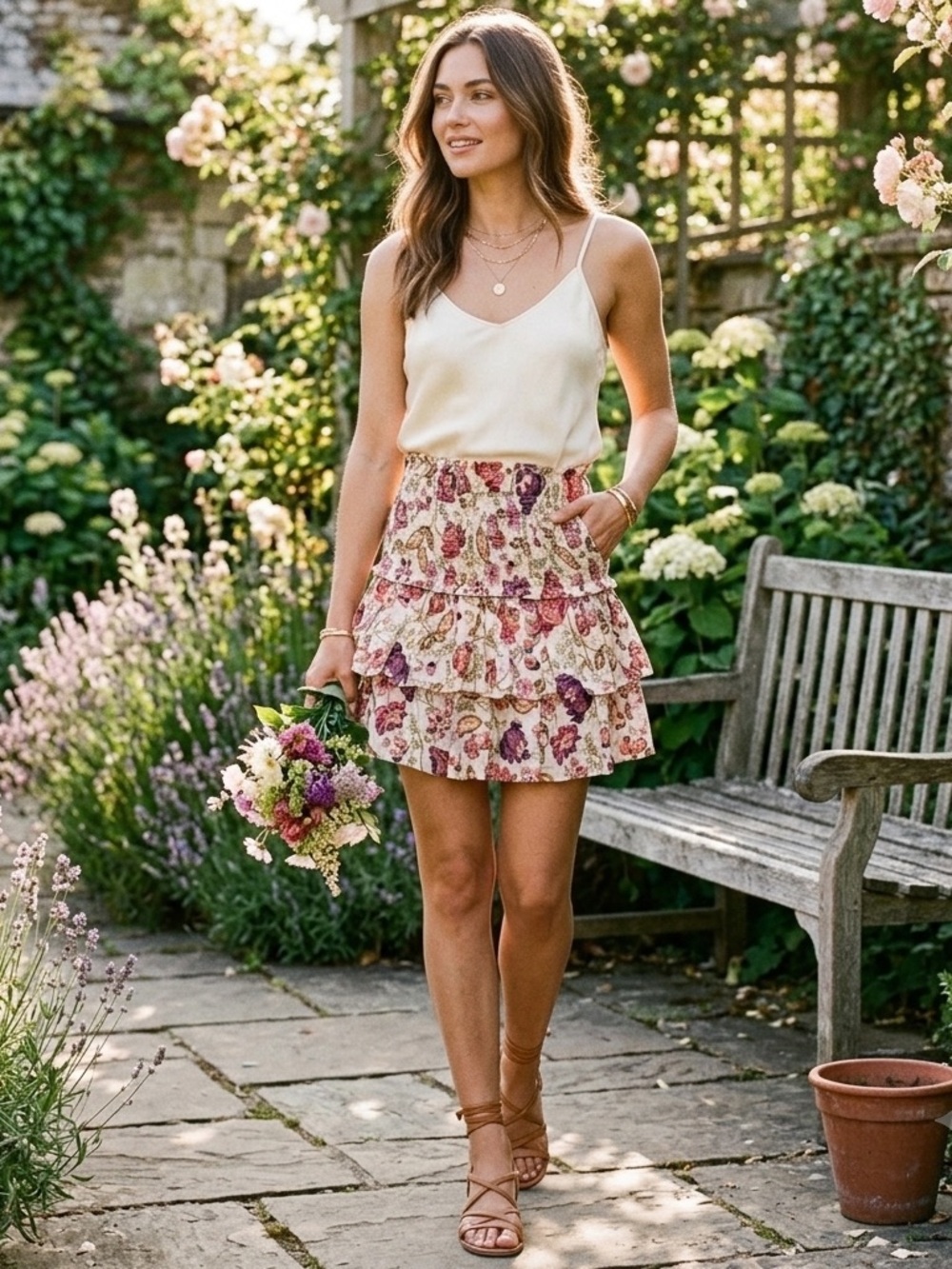 House of Harlow 1960 Floral Smocked Tiered Mini Skirt XS Like New